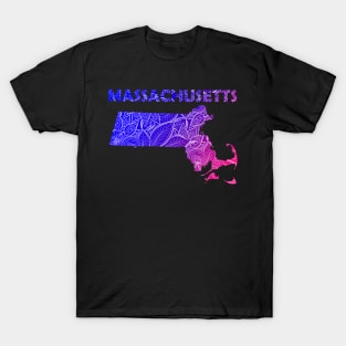 Colorful mandala art map of Massachusetts with text in blue and violet T-Shirt